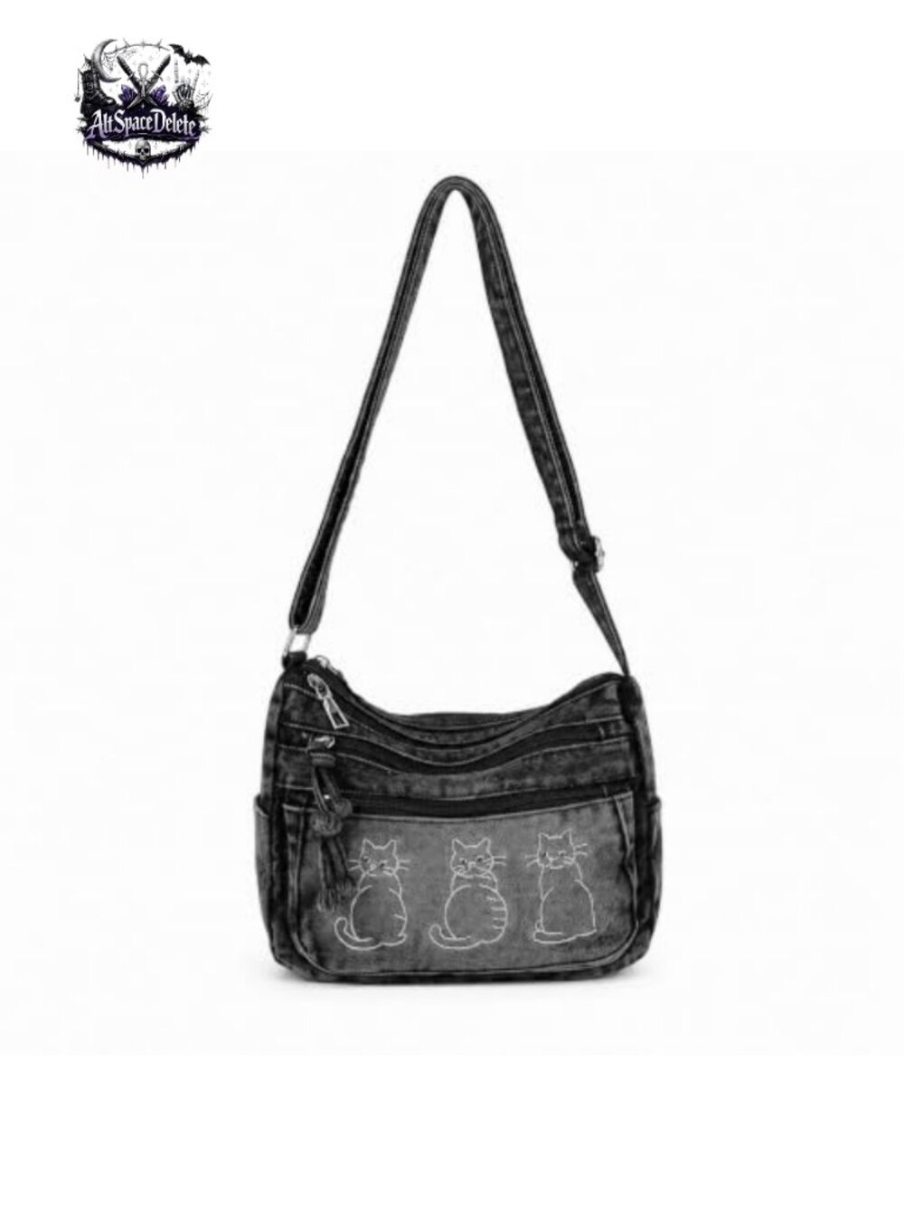Cat Embroidered Denim Crossbody Bag Multi Pocket Grunge Gothic Purse